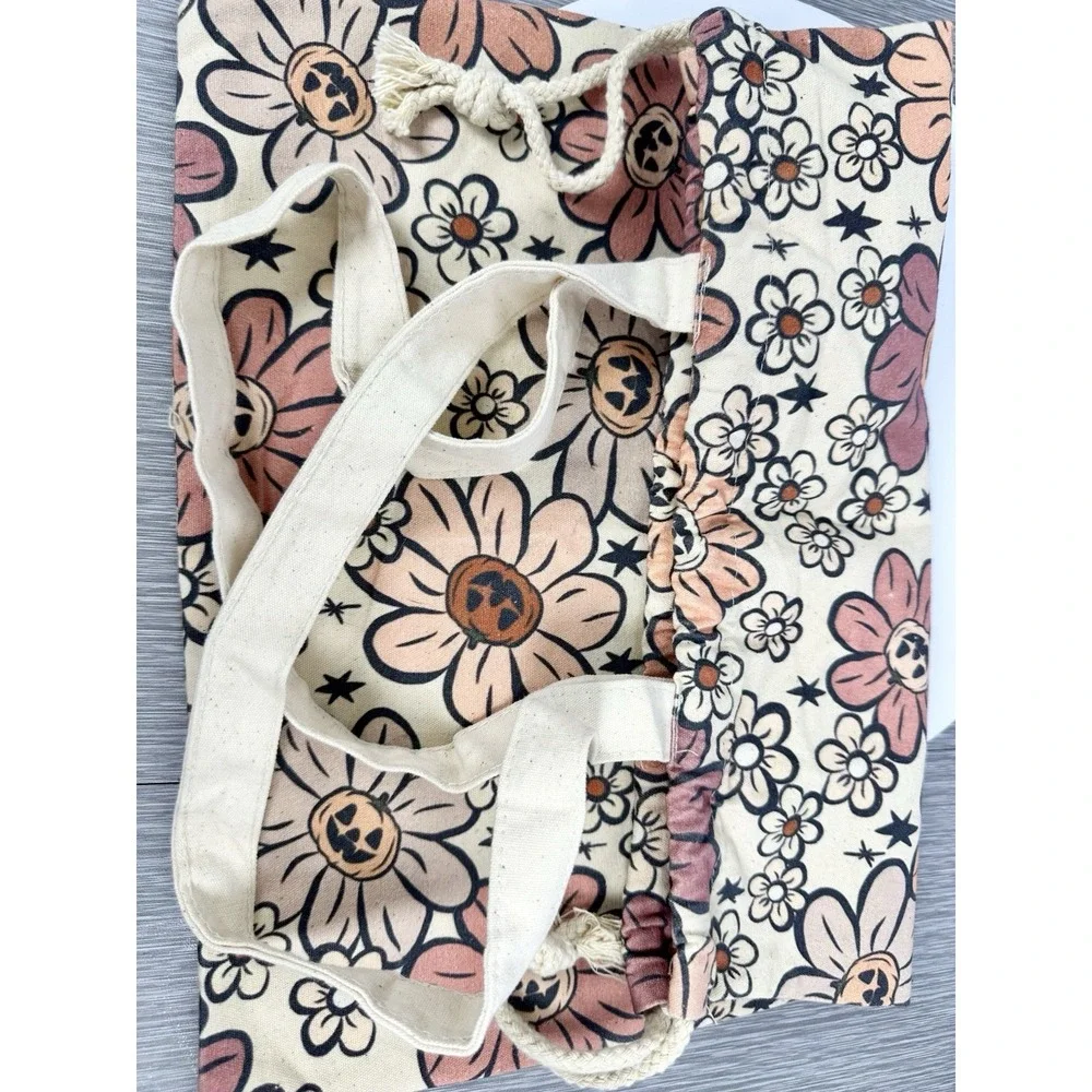 Pumpkins Flowers Halloween Candy Trick-or-Treat Canvas Tote Whimsical Fun Festiv
